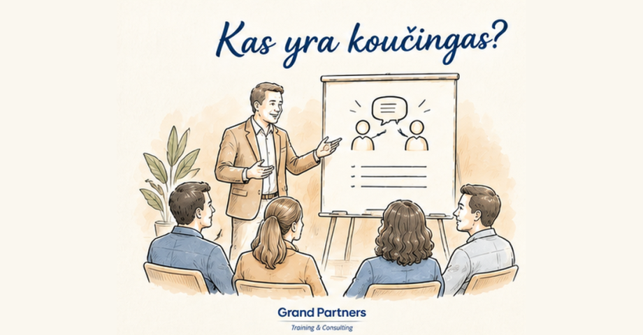 Nuotraukoje žmogus aiškina kitiems žmonėms kas yra koučingas?