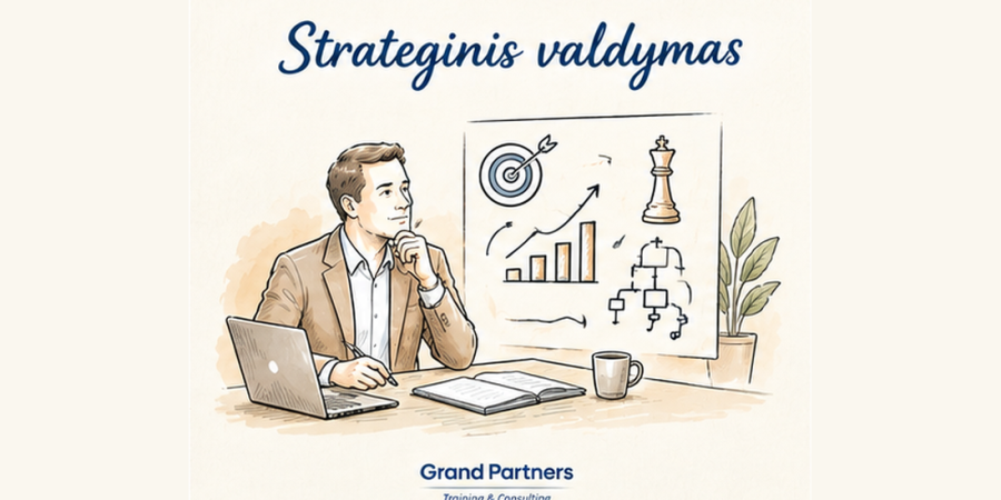 Nuotraukoje pavaizduotas vyras analizuojantis dalykus, kurie atspindi strateginį mąstymą: šachmatų figurėlė, taikinys ir t.t