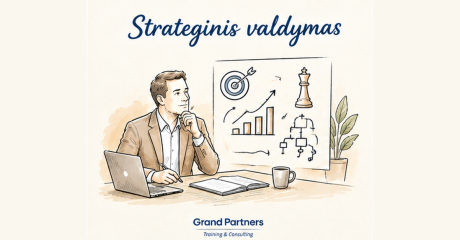 Nuotraukoje pavaizduotas vyras analizuojantis dalykus, kurie atspindi strateginį mąstymą: šachmatų figurėlė, taikinys ir t.t