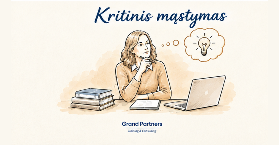 Nuotraukoje pavaizduota moteris su papildomu minčių burbulus, mąstanti apie kas yra kritinis mąstymas?