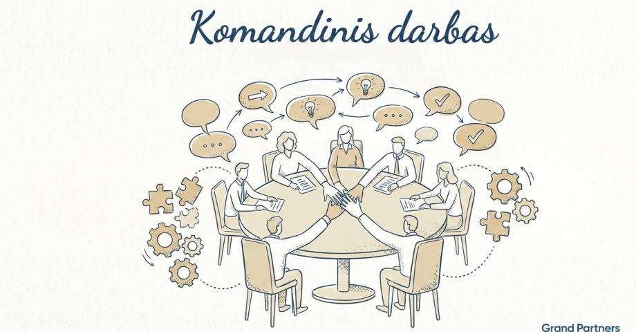 Nuotraukoje vaizduojami sėdintys septyni žmonės aplink stalą, sudėję rankas, vaizduojant komandinį darbą