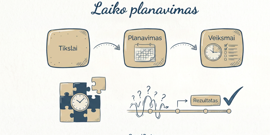 Nuotraukoje pavaizduota laiko planavimo etapai. Tikslai, planavimas, veiksmai ir rezultatas
