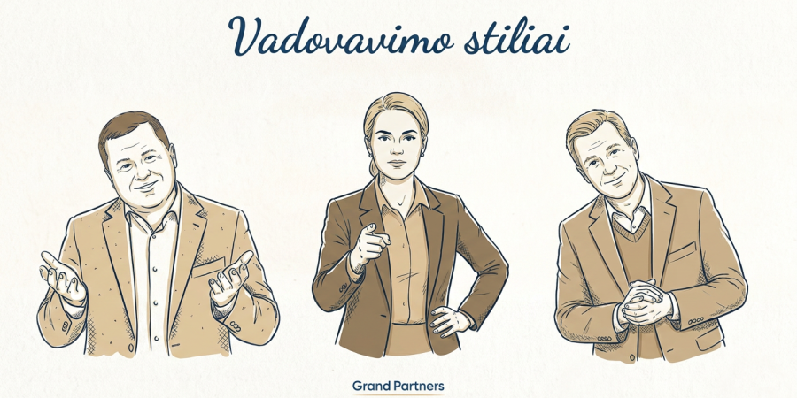 Nuotraukoje pavaizduoti trys skirtingi žmonės atspindinčius tris skirtingus vadovavimo stilius