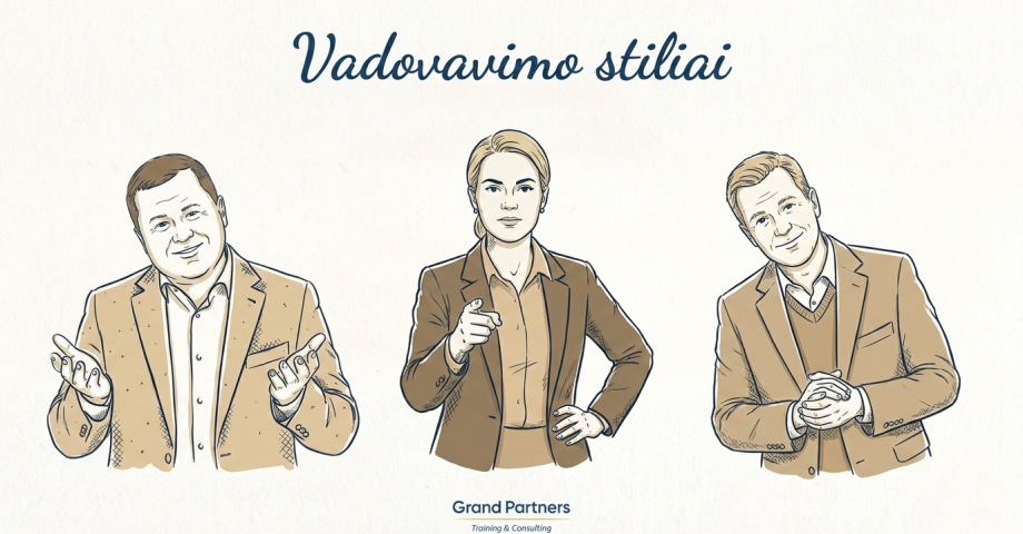 Nuotraukoje pavaizduoti trys skirtingi žmonės atspindinčius tris skirtingus vadovavimo stilius
